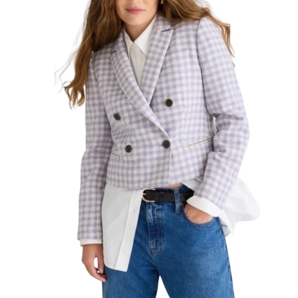 J. Crew - Purple Checkered Blazer Cropped Double Breast Blazer English Wool Sz 2